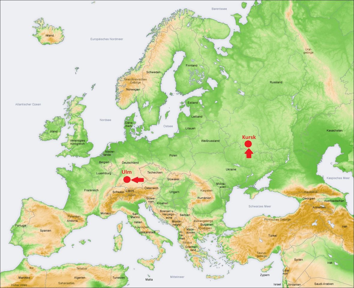 Europakarte mit der Lage von Ulm und Kursk